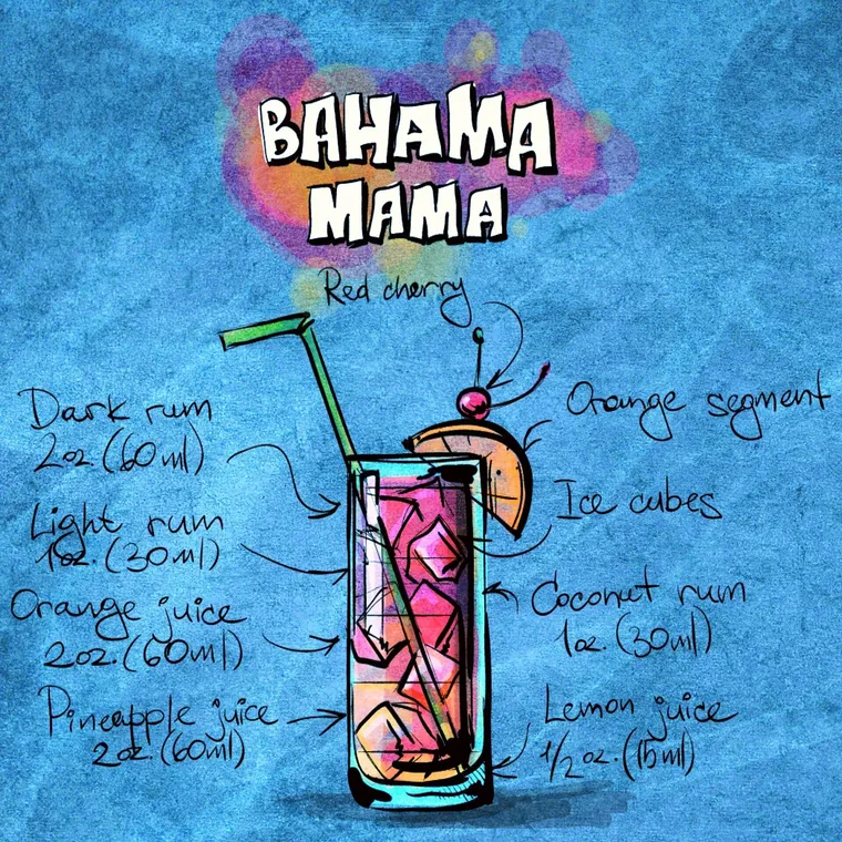 Illustrated Bahama Mama cocktail in a tall glass with fruit garnish and a recipe card