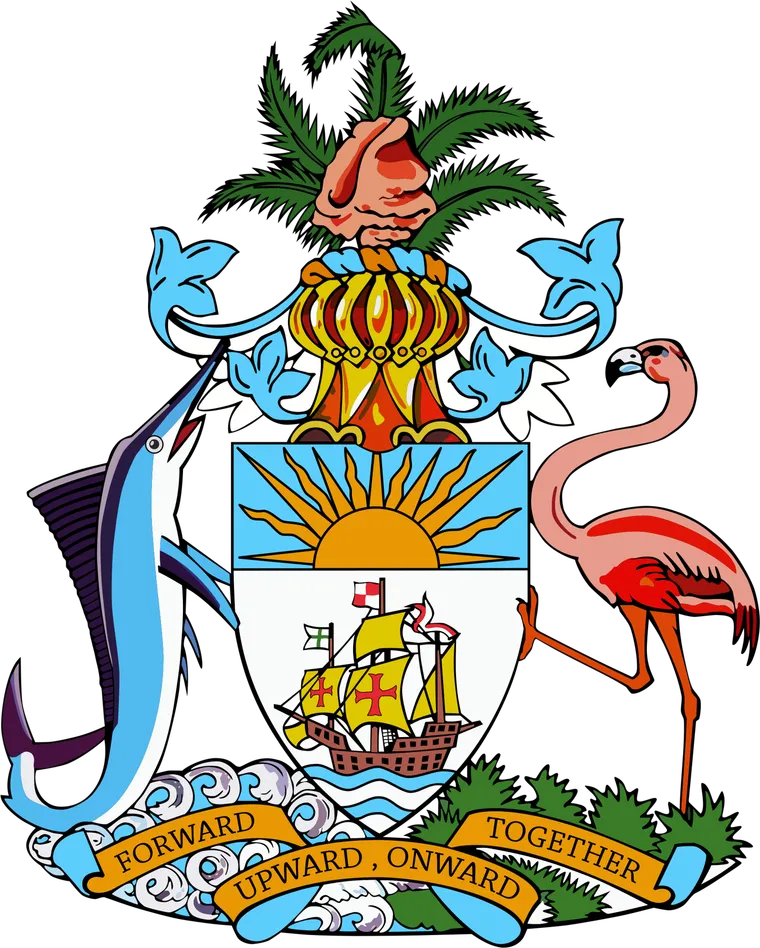 The coat of arms of The Bahamas, with a flamingo, a marlin, a ship and the motto Forward, Upward, Onward, Together