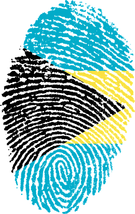 Fingerprint drawn in the aquamarine, gold and black of the Bahamian flag, symbolising identity checks