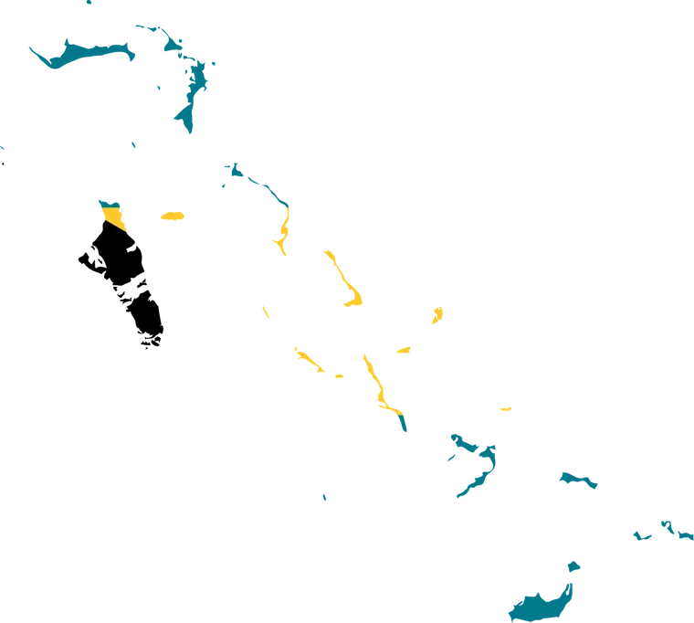 Silhouette map of the Bahamian islands in the aquamarine, gold and black of the national flag