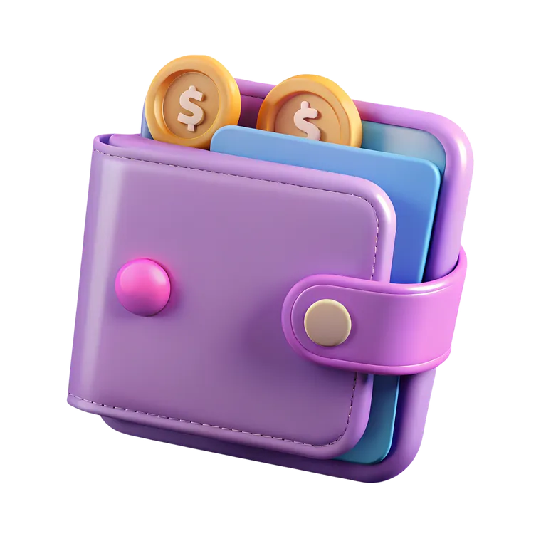 3D illustration of a purple wallet with gold coins and payment cards spilling out