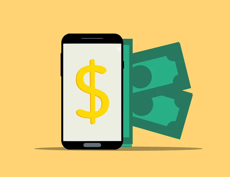 A phone showing a dollar sign with banknotes flying out, on a yellow background, representing peer-to-peer payments