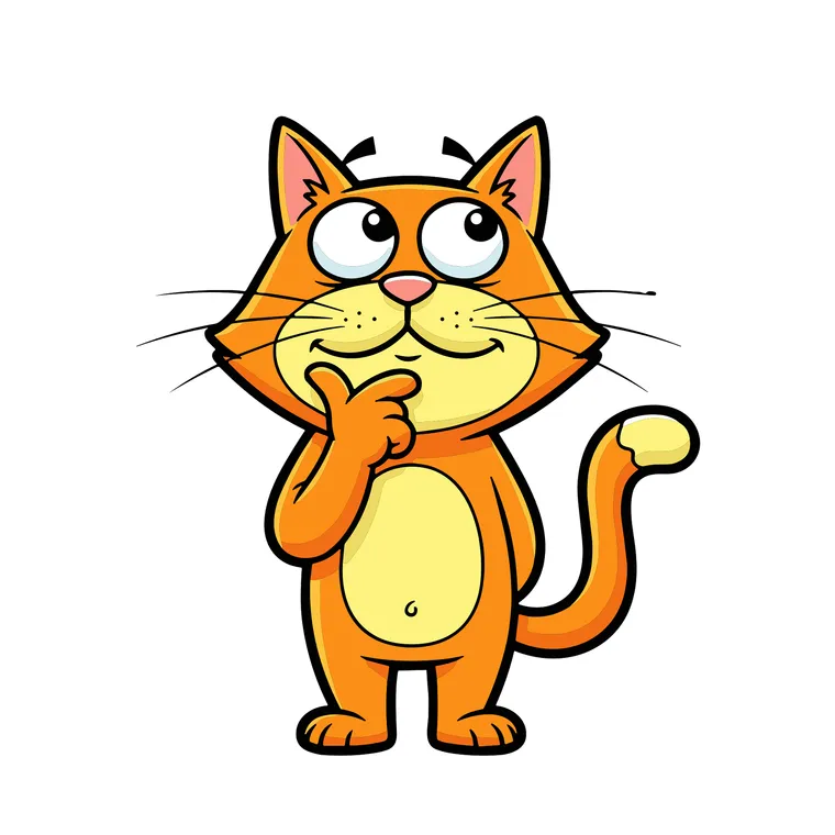 Cartoon cat with a paw on its chin, looking thoughtful